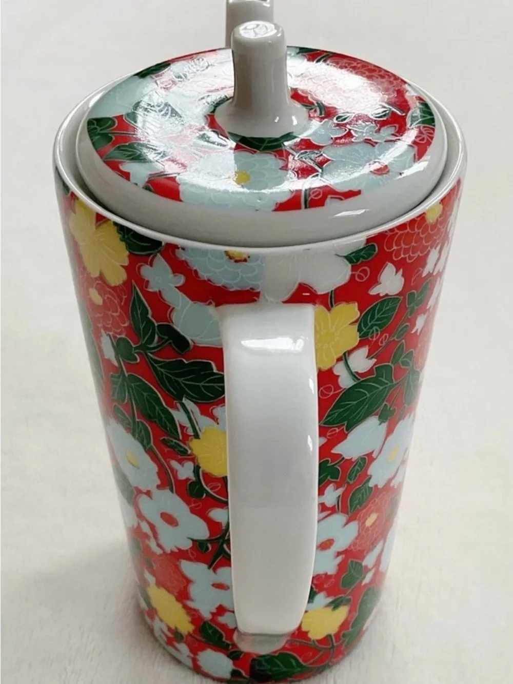 Vintage Made in Spain Floral Ceramic Coffee Pot Teapot Red White Cottagecore